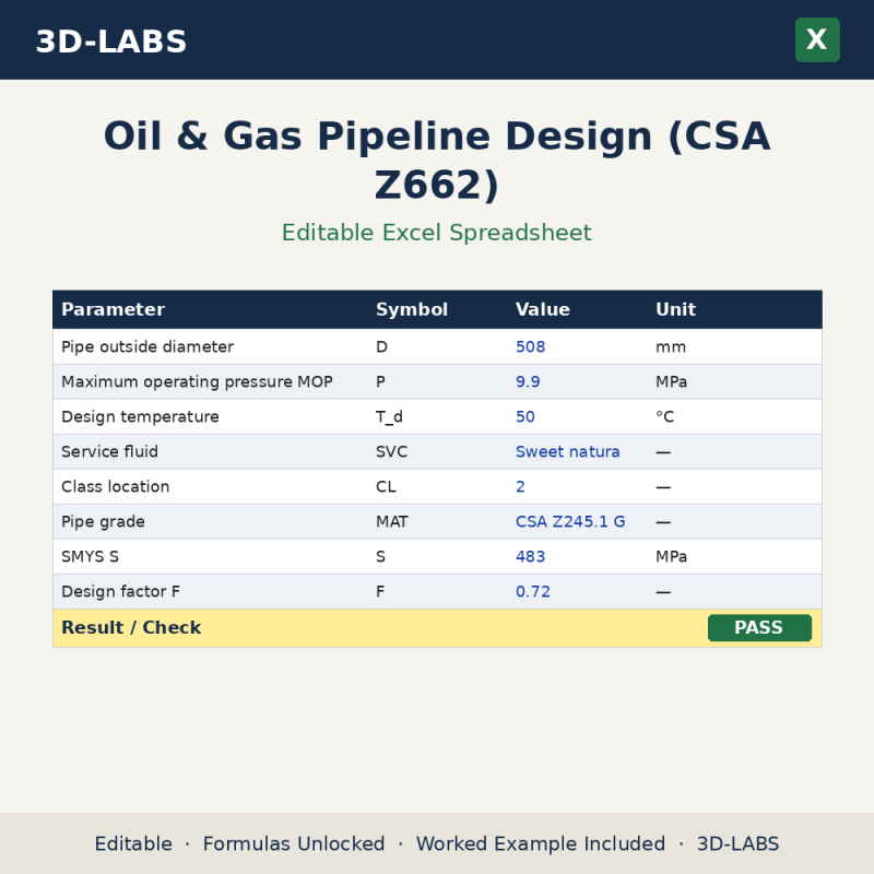 Oil & Gas Pipeline Design (CSA Z662) Excel calculator - 3D-LABS