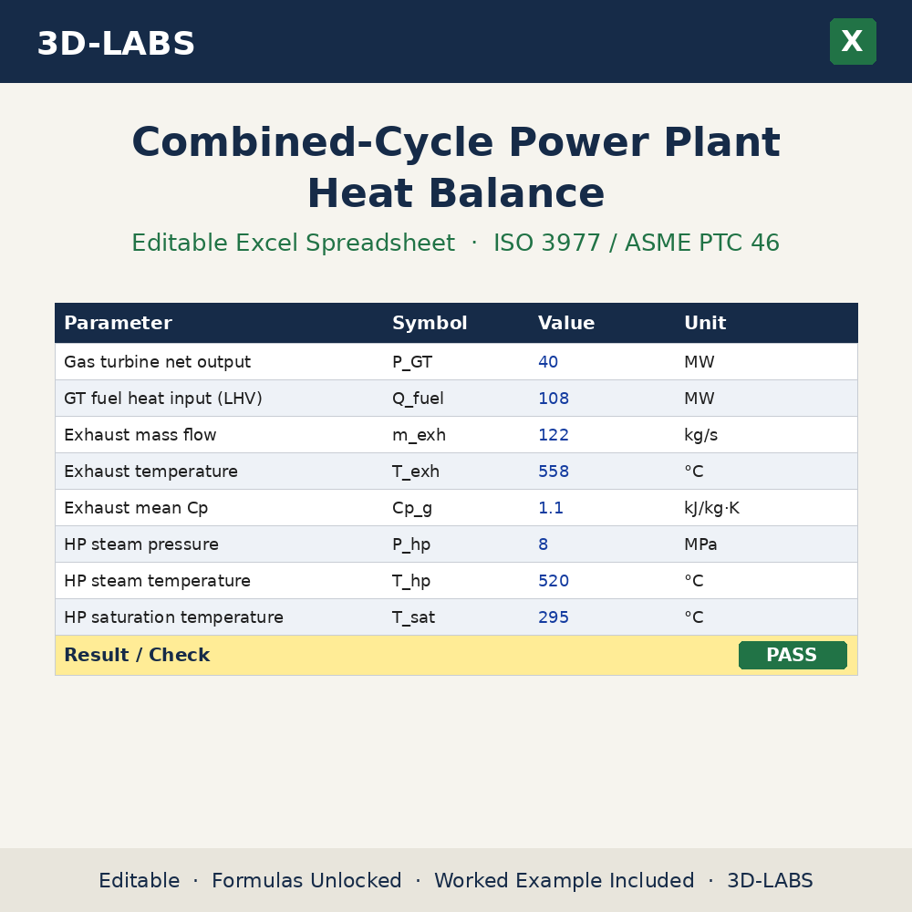 Combined-Cycle Power Plant Heat Balance Excel calculator - 3D-LABS