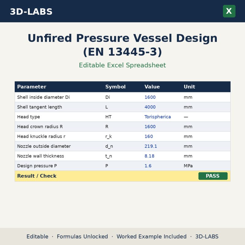 Unfired Pressure Vessel Design (EN 13445-3) Excel calculator - 3D-LABS