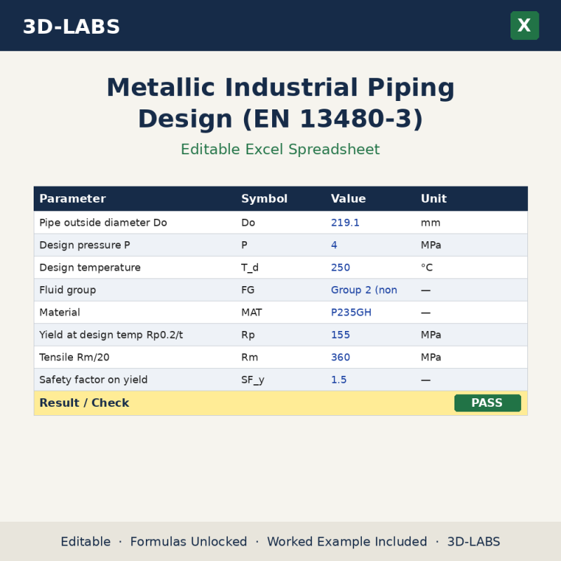 Metallic Industrial Piping Design (EN 13480-3) Excel calculator - 3D-LABS
