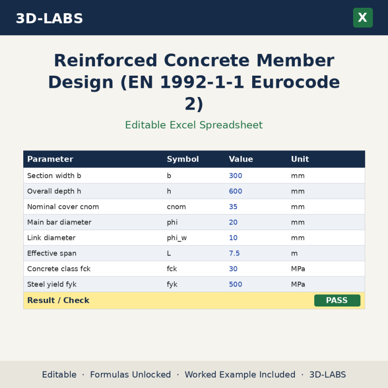 Reinforced Concrete Member Design (EN 1992-1-1 Eurocode 2) Excel calculator - 3D-LABS