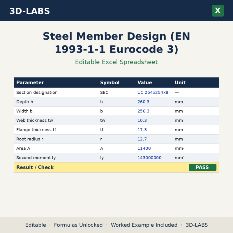 Steel Member Design (EN 1993-1-1 Eurocode 3) Excel calculator - 3D-LABS