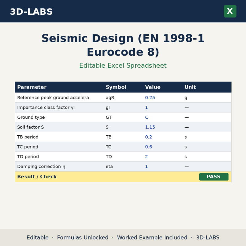 Seismic Design (EN 1998-1 Eurocode 8) Excel calculator - 3D-LABS