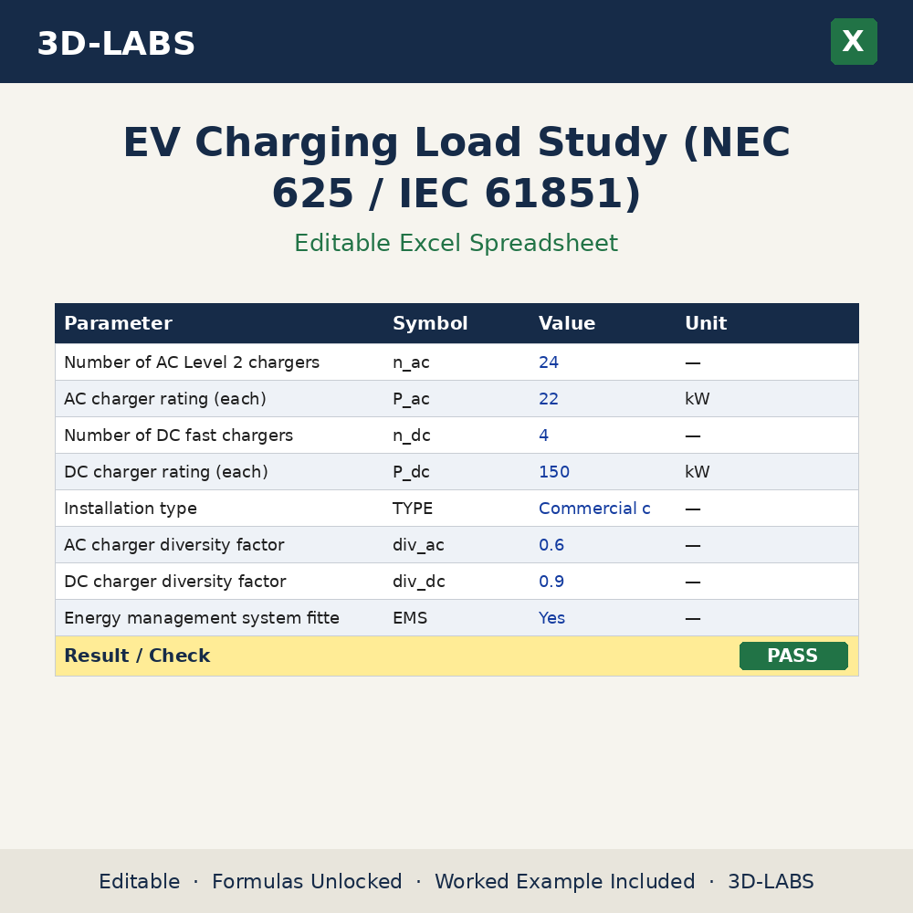 EV Charging Load Study (NEC 625 / IEC 61851) Excel calculator - 3D-LABS