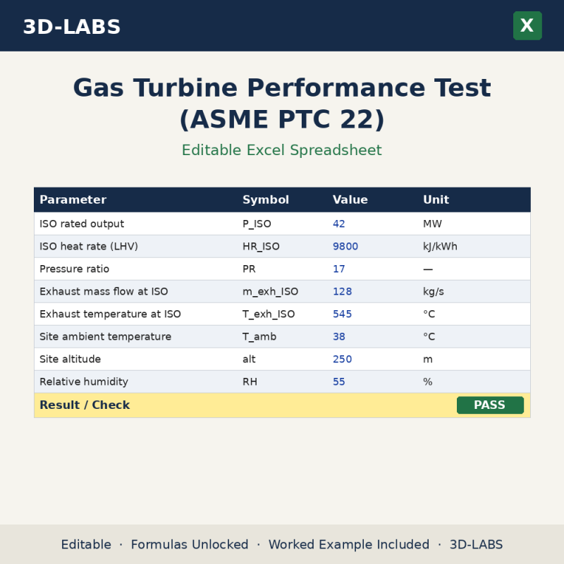 Gas Turbine Performance Test (ASME PTC 22) Excel calculator - 3D-LABS