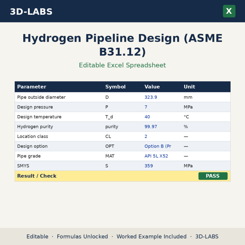 Hydrogen Pipeline Design (ASME B31.12) Excel calculator - 3D-LABS