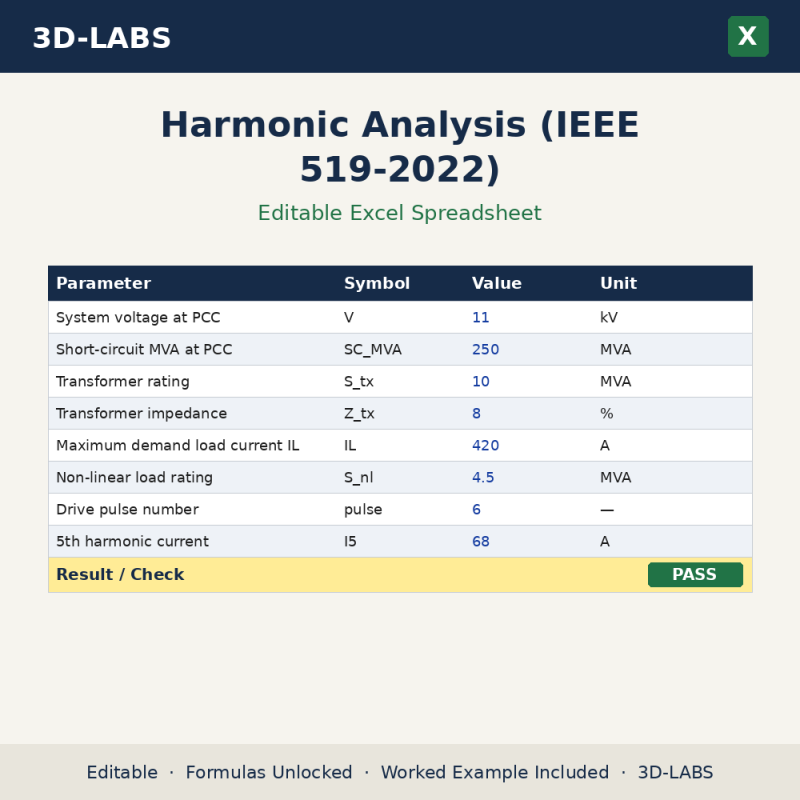 Harmonic Analysis (IEEE 519-2022) Excel calculator - 3D-LABS