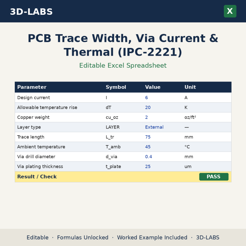 PCB Trace Width, Via Current & Thermal (IPC-2221) Excel calculator - 3D-LABS