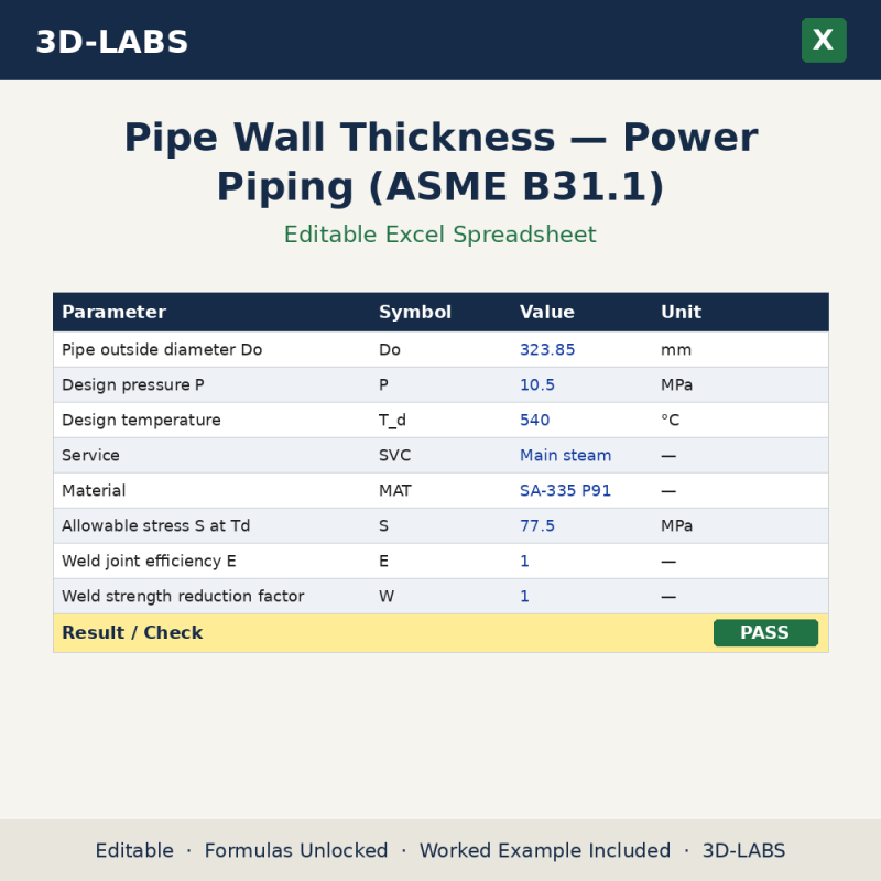 Pipe Wall Thickness — Power Piping (ASME B31.1) Excel calculator - 3D-LABS