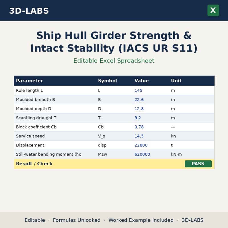 Ship Hull Girder Strength & Intact Stability (IACS UR S11) Excel calculator - 3D-LABS