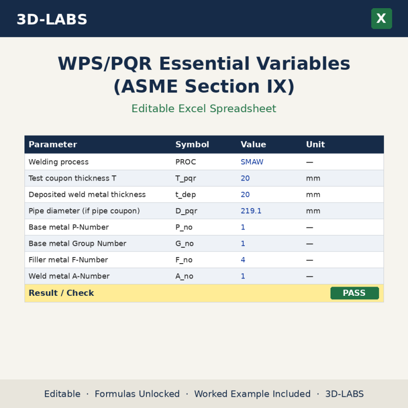 WPS/PQR Essential Variables (ASME Section IX) Excel calculator - 3D-LABS