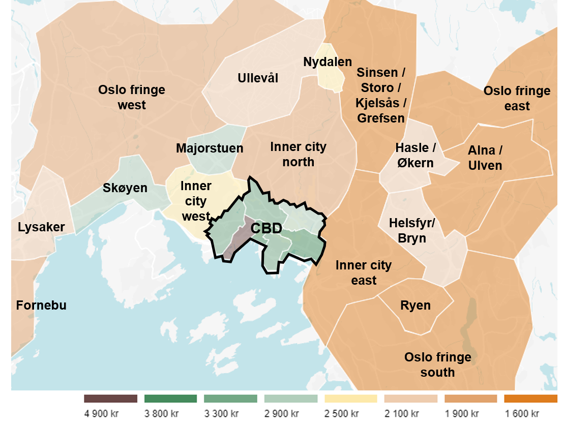 Office rent levels for high quality office space (NOK per sqm)