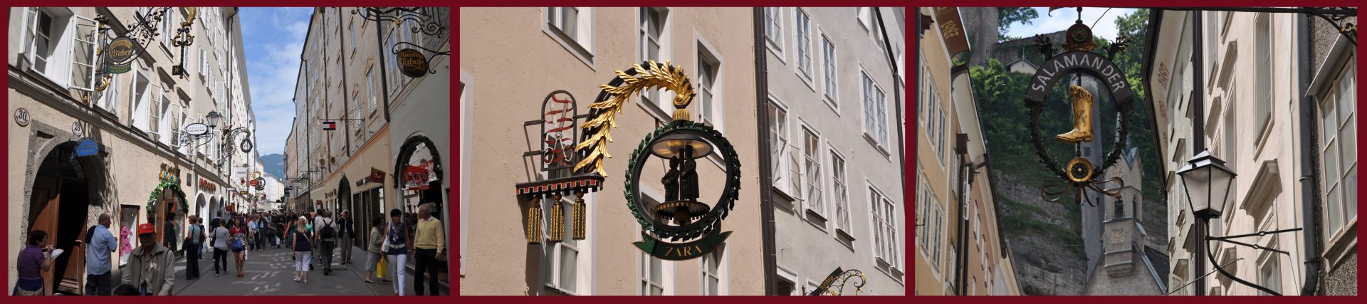 Gågatan i centrala Salzburg utmärker sig genom sitt fantastiska utbud av skyltar som pryder de vackra fasaderna och höjer stadsupplevelsen. Här samsas de stora kedjornas väl inramade men förvånansvärt blygsamma loggor med de små butikernas skyltars charmiga särart. Foto: Emina Kovacic