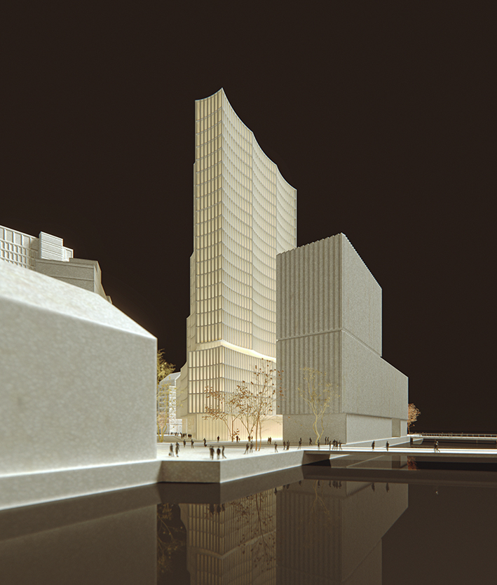 Byggnadens karaktäristiska profil syns sedd från Bryggaregatan med kanalen i förgrunden. Illustration: Cobe för Global Business Gate.