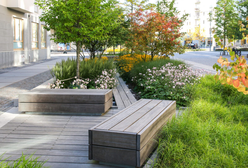 Jakt- och Lövängsgatan i Stockholm, vinnare av Landskapsarkitekturpriset 2019. Arkitekt: AJ landskap. Foto: AJ landskap.