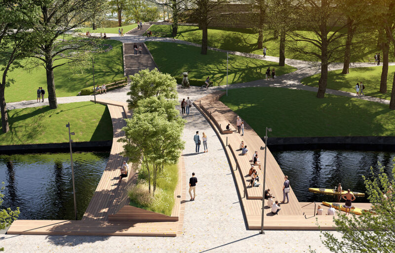 Förslaget Viskning är vinnare i projekttävlingen för Mittpunkten i Borås stadspark, som i framtiden blir en del av det långa parkstråket Viskans park. Nyréns arkitektkontor.