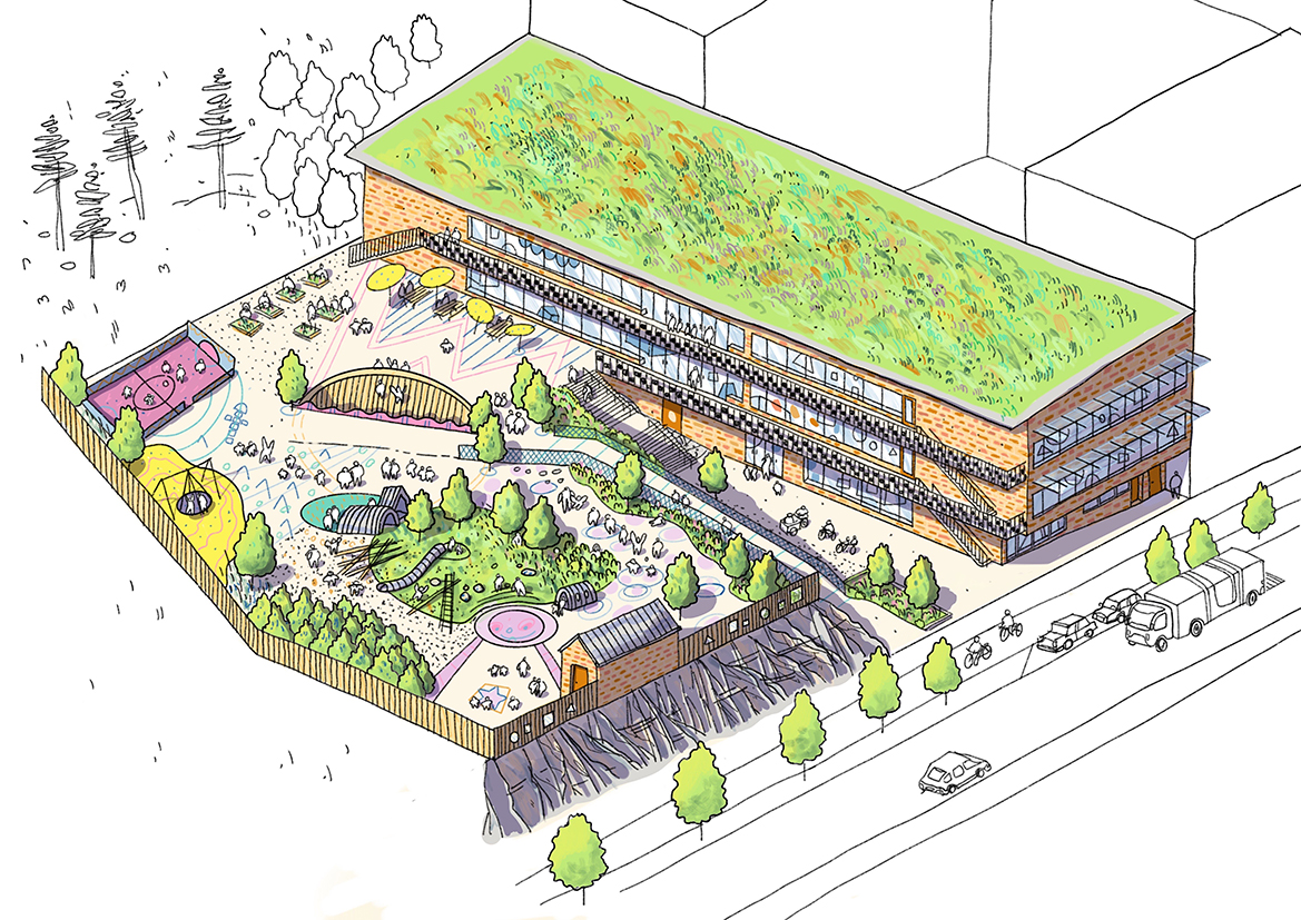 Skogsstjärna skolgård, Landskapslaget. Illustration: Max Goldstein.