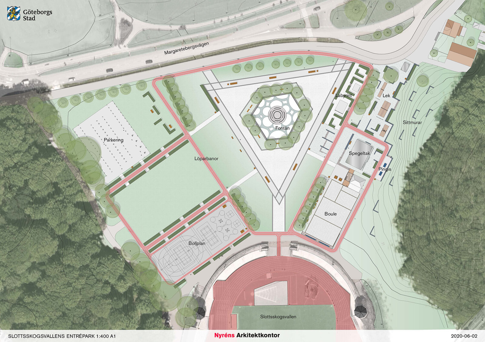 Slottsskogsvallens entrépark i Göteborg, Nyréns Arkitektkontor. Slottsskogsvallens entrépark, Nyréns Arkitektkontor.