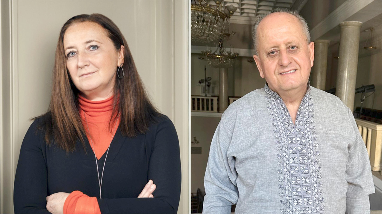 Emina Kovacic, ordförande i Sveriges Arkitekter, och Oleksandr Chyzhevskyi, ordförande i NUAU. Foto: Jonas Malmström, Ukrainas arkitektförbund NUAU.