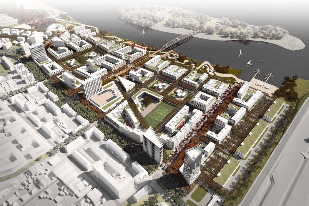 Proposal for a master plan in Dnipro on the Mauilovsky site on the Dnipro river opposite to the old city centre, by Filimonov & Kashirina Architects, 2023.