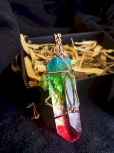 Rainbow Flower of Life Necklace / Rainbow Quartz Pendant / Wire Wrap Quartz / Raw Crystal Necklace