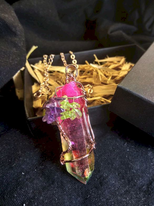 Flower of Life Necklace / Rainbow Quartz Pendant / Wire Wrap Quartz / Raw Crystal Necklace