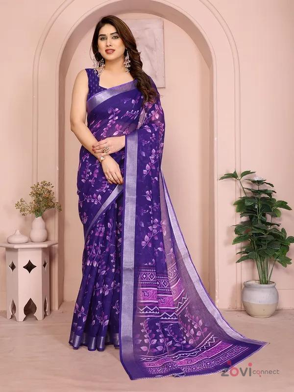 Trending Purple Design Floral Linen Saree For Women