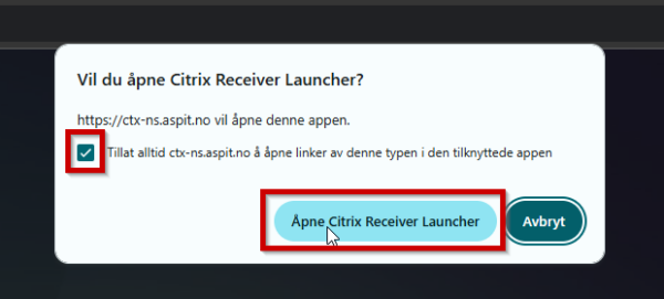 «Always allow https://ctx-ns-aspit.no to open receiver links»