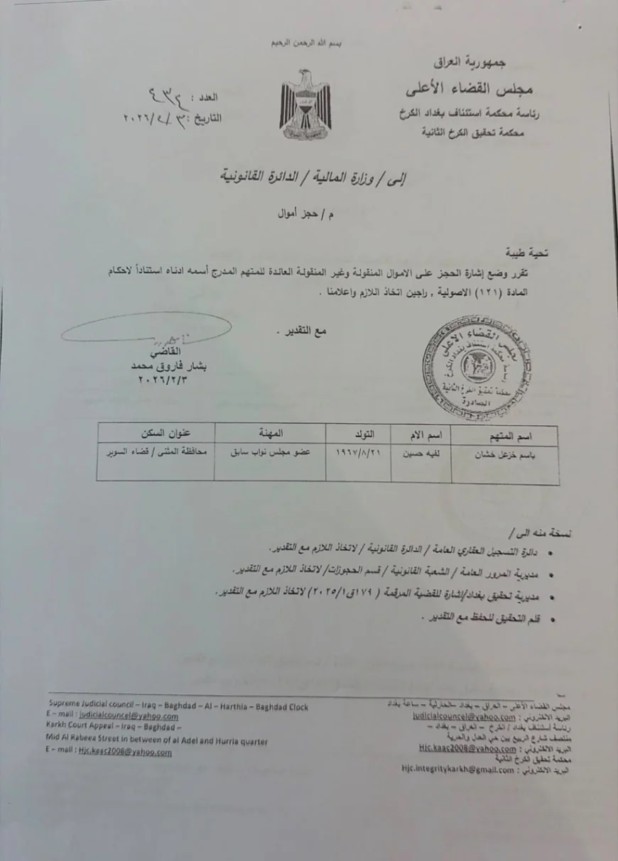 القضاء العراقي يصدر أمراً بالحجز على الأموال المنقولة وغير المنقولة للنائب السابق باسم خشان