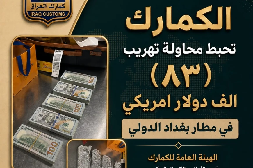 الكمارك تحبط محاولة تهريب 83 ألف دولار في مطار بغداد الدولي