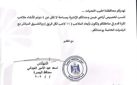 العيداني يوجّه بإنشاء ملاعب كرة قدم نظامية في أقضية ونواحي البصرة