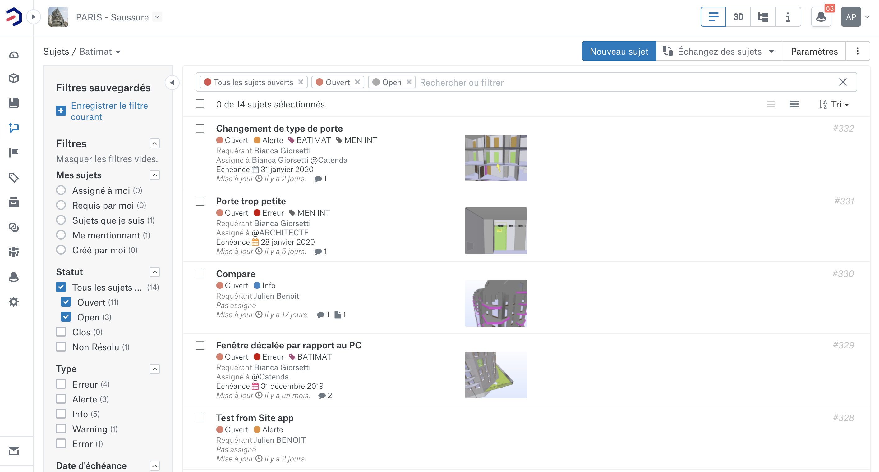 Issues interface in Bimsync