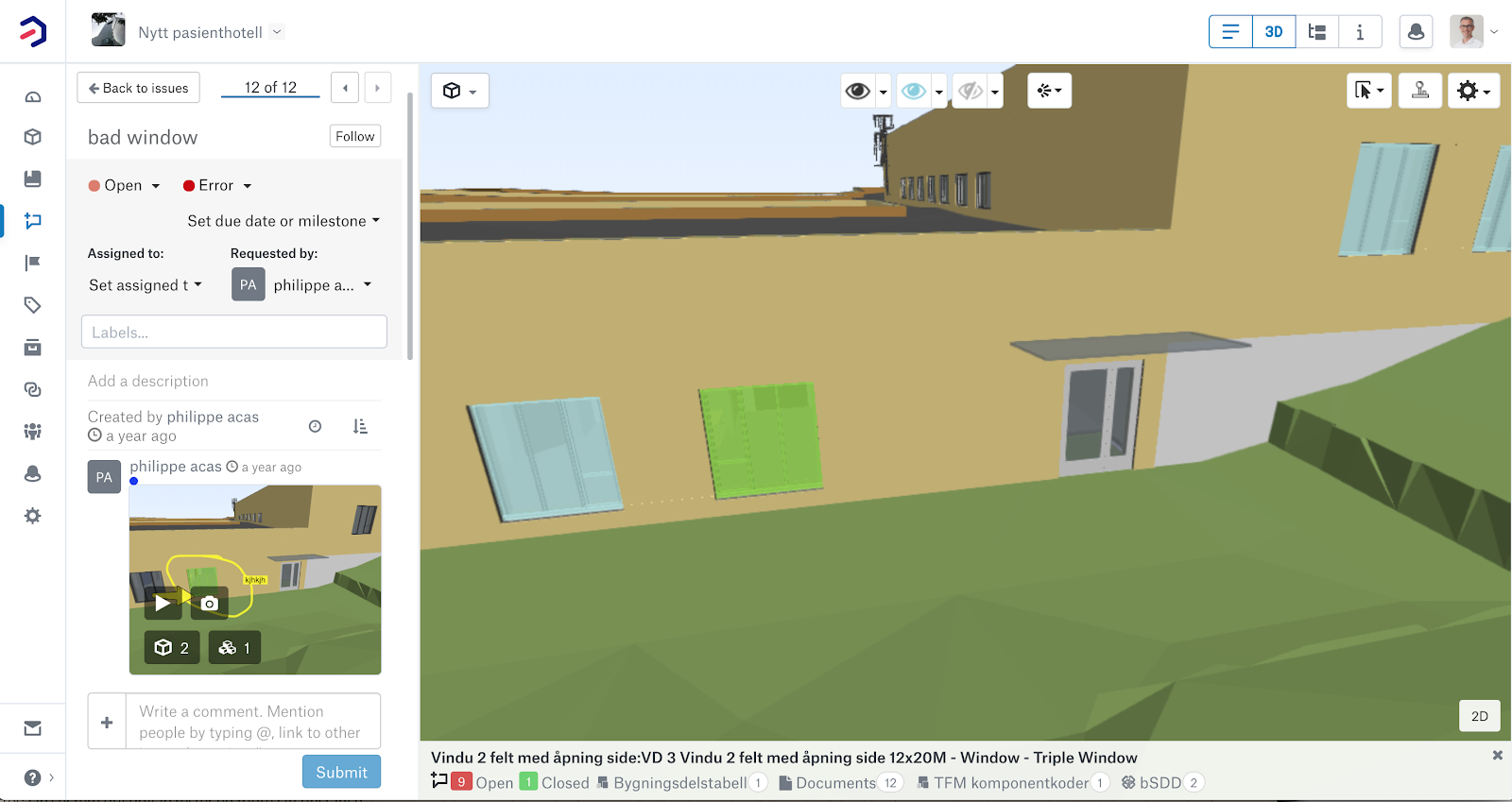 Issue management workflow in Bimsync: integrated discussion thread and contextual 3D view