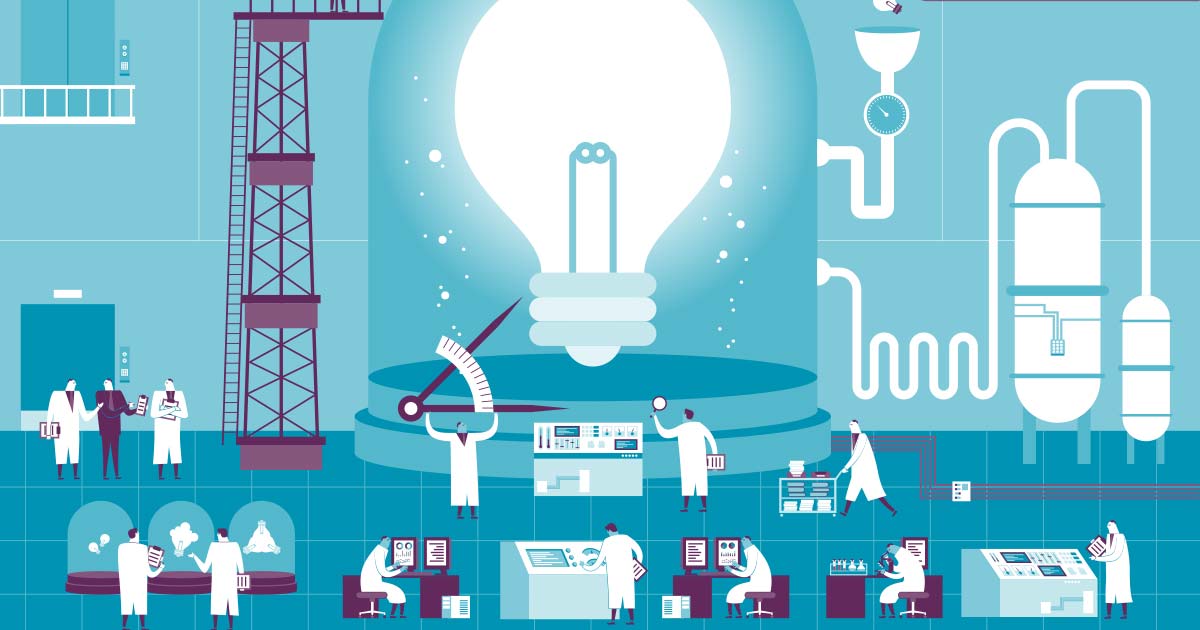 Illustration of men in white coats working on a giant idea lightbulb