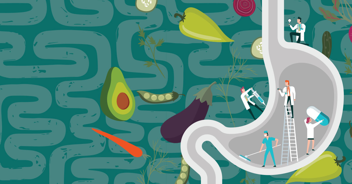 Illustration of doctors and custodians working on a stomach