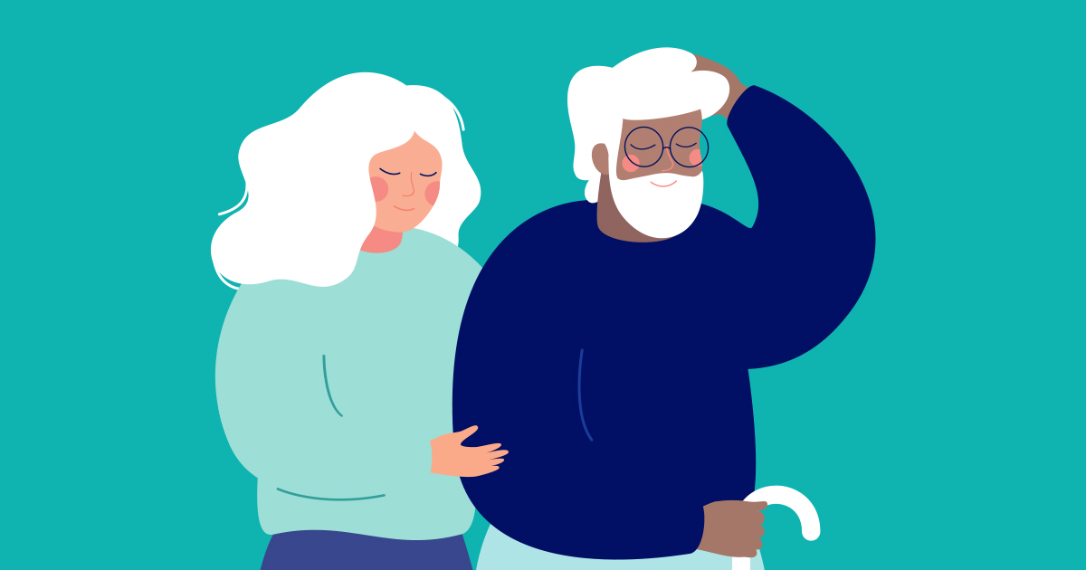 Illustration of an elderly woman helping an elderly man walk. Both are smiling.