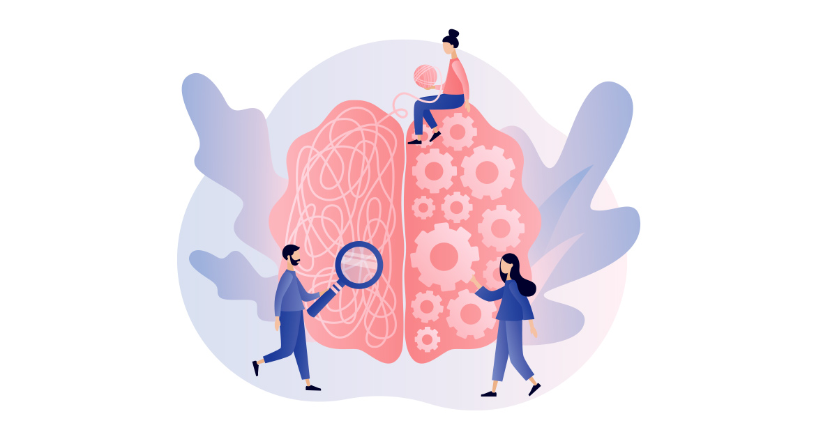 Illustration of people studying someone's brain