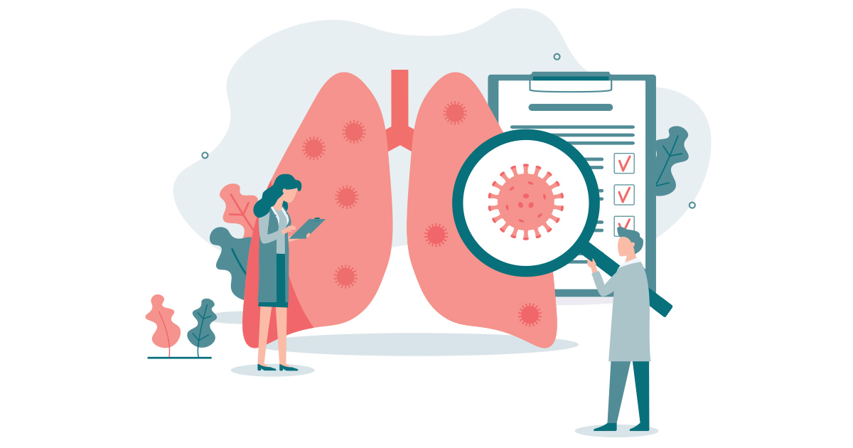 Illustrarion of two doctors inspecting a pair of lungs