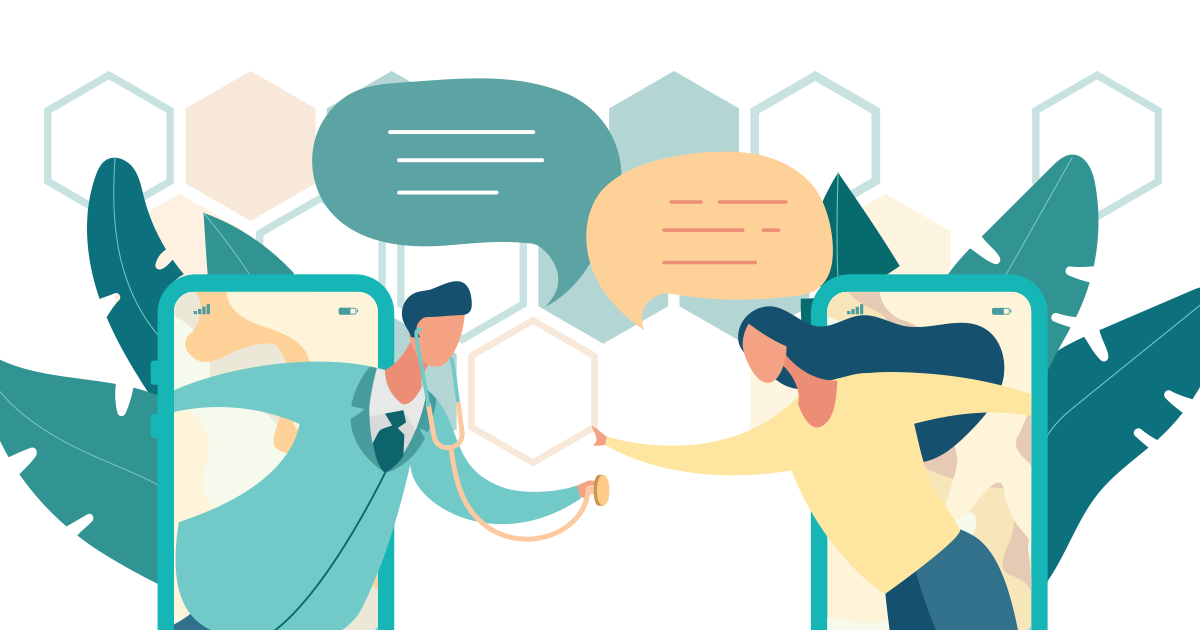 Illustration of doctor and patient reaching through smartphones to converse