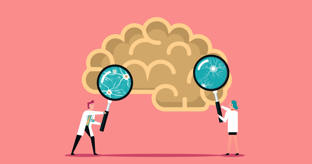 Cartoon of Scientist Looking at a Brain with a Microscope