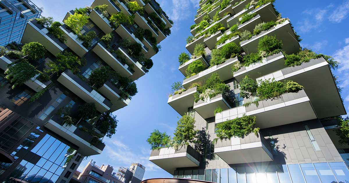 Tall, green buildings