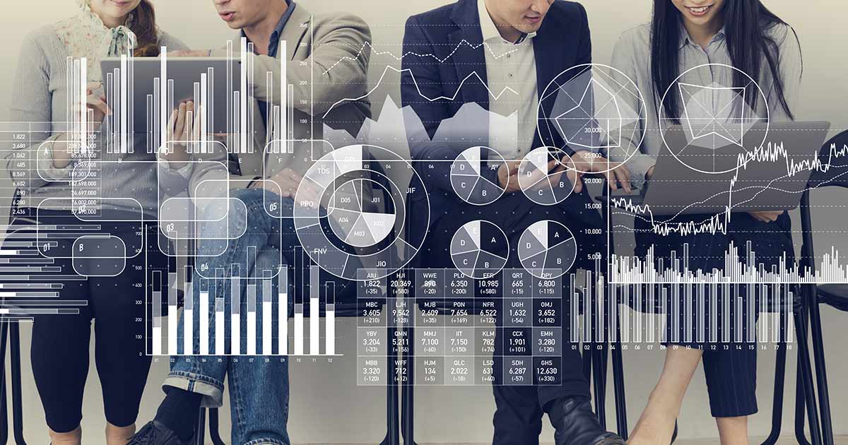 Graphs overlaid on people working