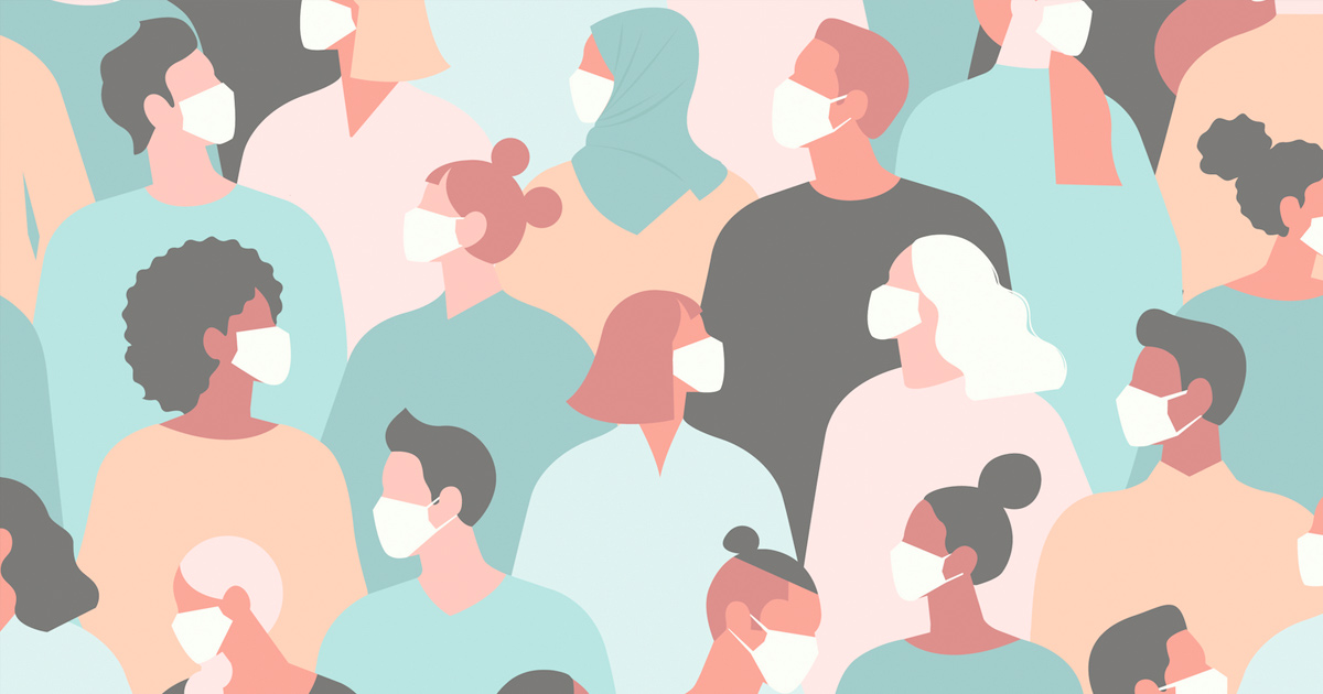 Mosaic illustration of diverse people wearing face masks
