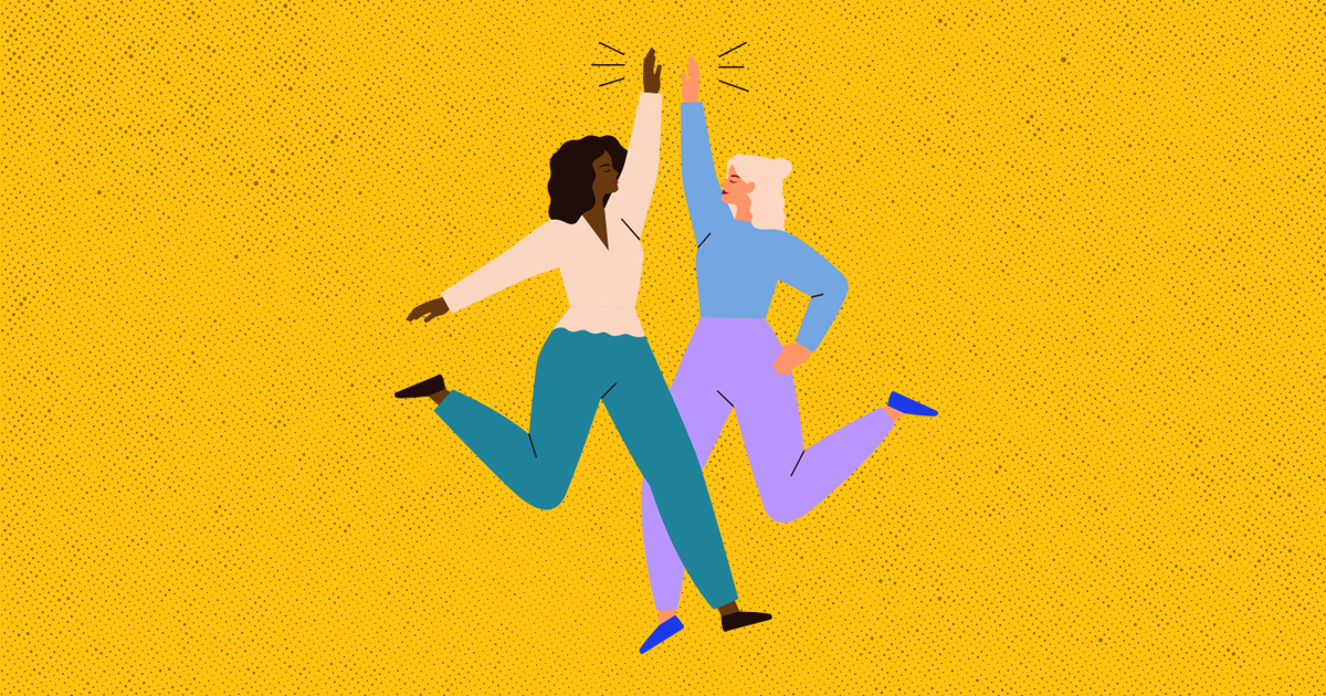Illustration of two women jumping and high-fiving each other