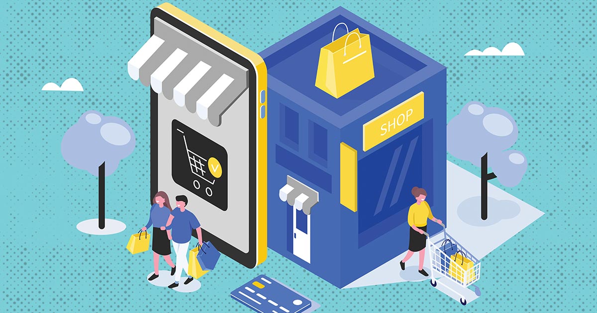 Illustration of people shopping locally and online