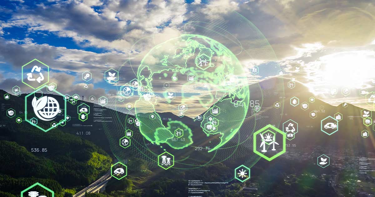 Envrionmental icons in front of a mountain range