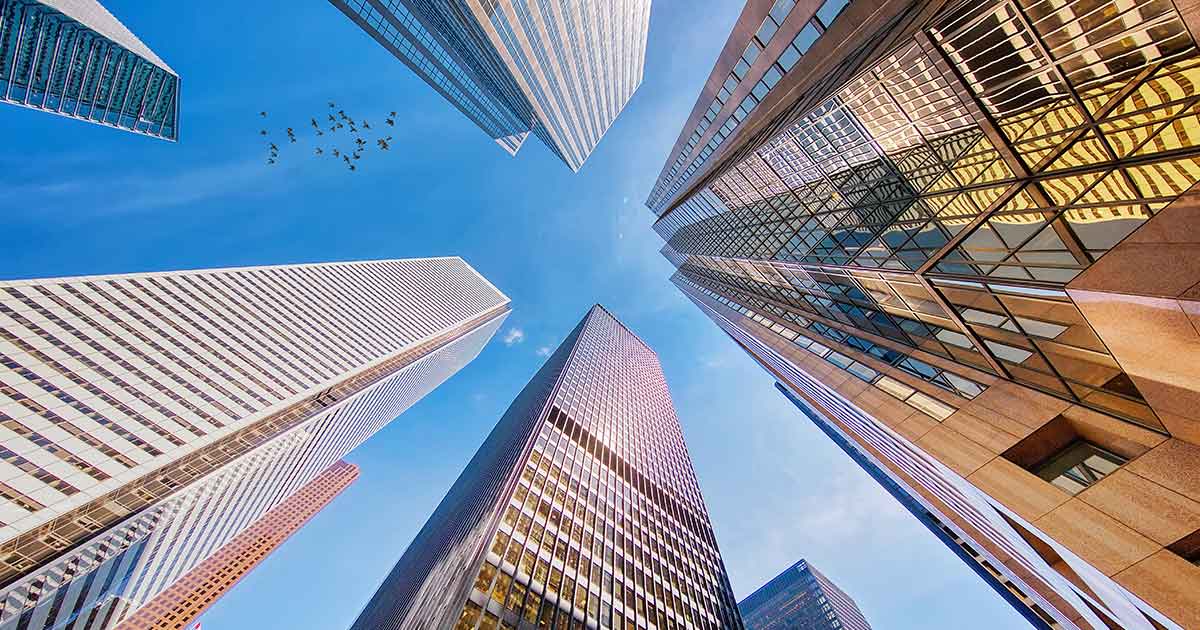 Looking up at Toronto skyscrapers from the ground