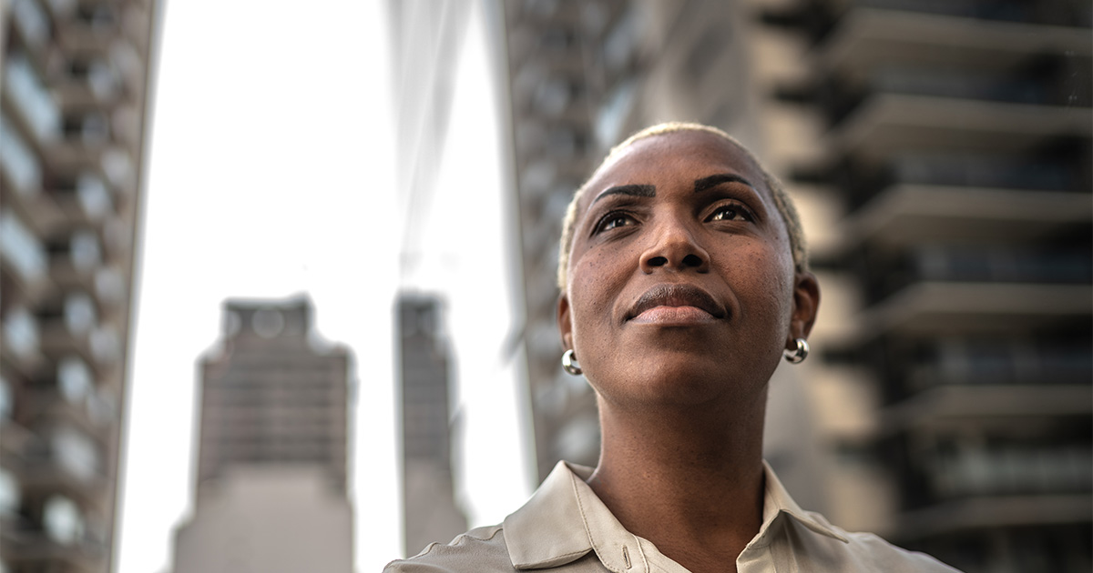 black woman looking up