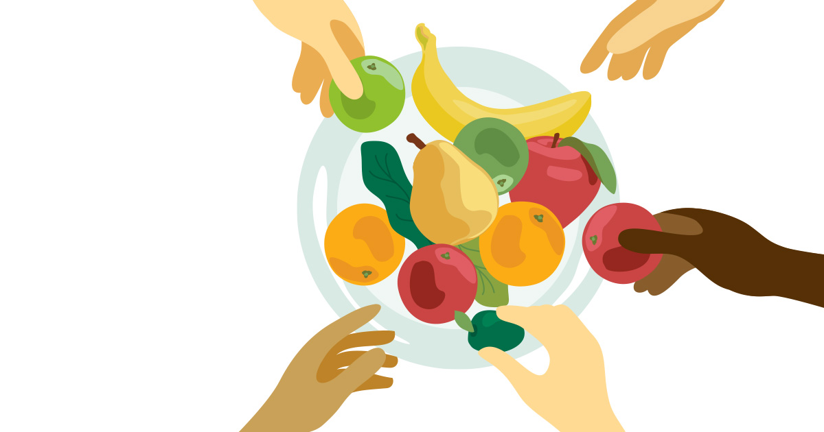 An illustration of hands picking up fruits in a bowl