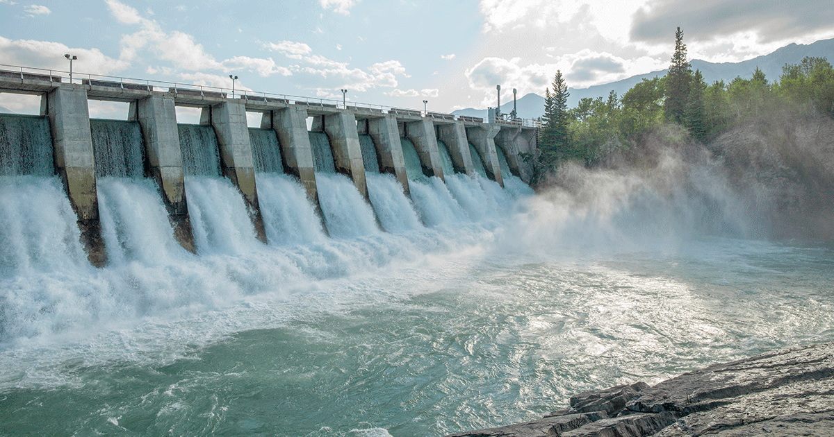 Water rushes through hydroelectric dam